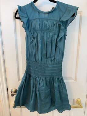 Rails Teal Blue Ruffle Sleeve Smocked Waist Dress